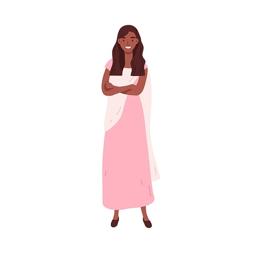 Smiling dark skin woman in traditional elegant sari dress vector flat illustration. Happy indian female standing with crossed hands isolated on white. Joyful person in stylish clothes or summer outfit