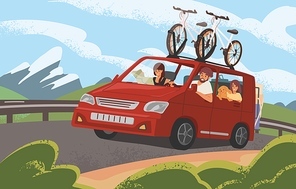 Family road trip on camper car along mountains. Active couple with children and dog going on vacation with bicycles by red automobile. Cartoon characters travelling in auto. Flat vector illustration.