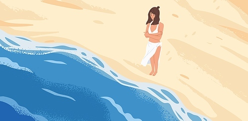 Bewildered woman standing in front of sea wave vector graphic illustration. Lonely pensive cartoon female looking at natural seascape stand on sand top view. Fear of starting concept.