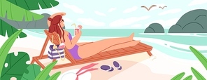 Woman lying on chaise-longue with cocktail at empty beach vector flat illustration. Female in swimsuit enjoying sunbathing having rest near sea. Relaxed girl enjoying calmness at tropical resort.