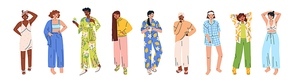 Trendy young women set wearing cozy home clothes, homewear. Multicultural cute girls in various comfortable pajamas, nightgown, sleepwear. Flat vector cartoon illustration isolated on white 
