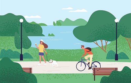 Relaxed people enjoying recreational outdoor activities at summer forest park vector flat illustration. Woman eating ice cream and walking with dog, man riding on bike. Beautiful natural landscape.