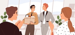 People welcome new team member in the office. Colleague introduction and acquaintance. First day at work concept. Friendly coworkers applauding, meeting employee. Flat vector cartoon illustration.