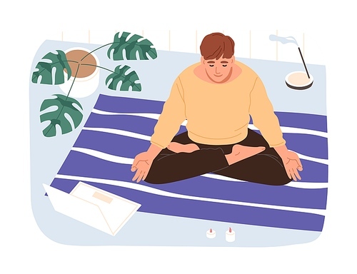 Calm male in lotus position watching online classes meditation on laptop vector illustration. Relaxed guy with closed eyes practicing yoga. Man doing exercise at cozy home with candles and incense.
