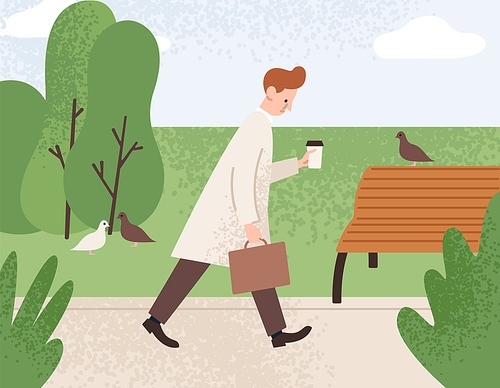 Tired sleepy man holding paper coffee cup and going to work vector flat illustration. Sad office worker guy walking at park and dreaming about get sleep. Pensive morning fatigue male with briefcase.