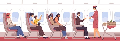 People sit on armchair at airplane side view vector flat illustration. Friendly stewardess with food and drink cart in aisle. Man, woman and kid at cabin interior. Passenger and personnel inside jet.