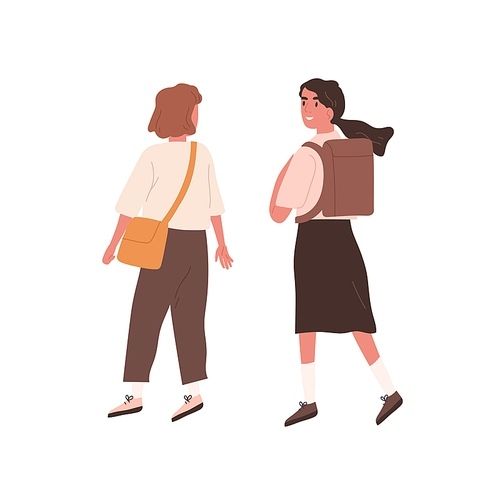 Female teenage friends wearing school uniform walking with schoolbags. Chatting teen classmates or pupils isolated on white. Flat vector cartoon illustration of two schoolgirls walking together.