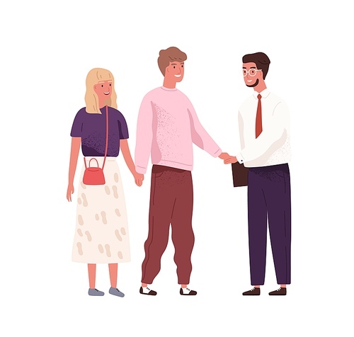 Young couple meeting and shaking hands with real estate manager for property purchase or mortgage. Family make agreement with professional realtor. Flat vector cartoon illustration isolated on white.