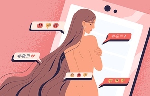 Naked woman embracing shoulders standing at giant smartphone background. Female victim of internet bullying vector illustration. Concept of slut shaming, outsider opinion and pressure of society.