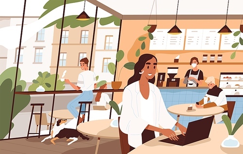 People sit at tables and drink beverages at city cafe. Freelancer working at laptop. Scene of social distance at modern coffeehouse. Flat vector cartoon illustration of coffee shop cozy interior.
