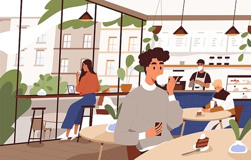 Scene of social distancing at cafeteria. People relax at city cafe. Characters eat dessert and drink coffee or tea at coffeeshop. Flat vector cartoon illustration of modern cozy coffeehouse interior.