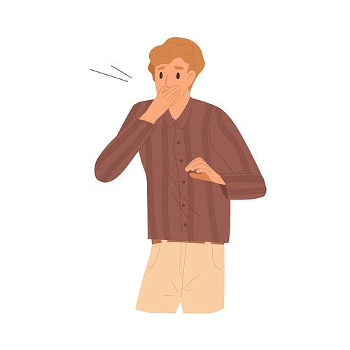 Shocked guy closed mouth by hand with surprised face expression vector flat illustration. Worried man feeling stress and amazed emotion isolated. Something went wrong. Misunderstanding or mistake.