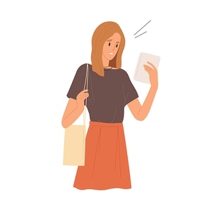 Frustrated woman looking at screen of tablet having negative emotion vector flat illustration. Female with handbag reading bad news or information isolated. Sad girl chatting or surfing internet.