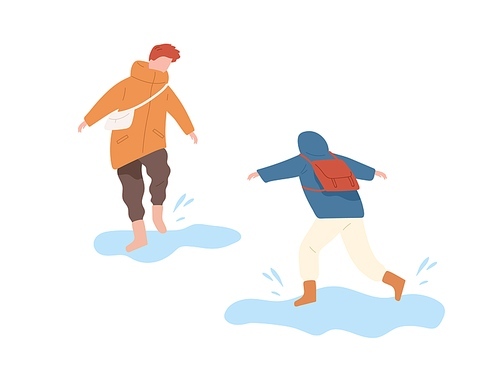 Funny kids running and jumping on puddle vector flat illustration. Boys in seasonal clothes having fun together isolated on white. Children in rubber boots walking on street enjoy water splash.