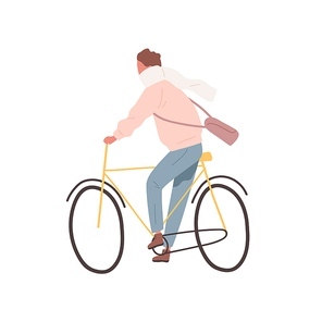 Modern millennial cycler man wearing scarf ride urban bike. Active male character on bicycle. Flat vector cartoon illustration isolated on white .