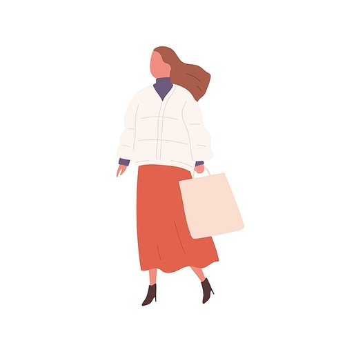 Stylish girl with handbag demonstrate spring or autumn street style vector flat illustration. Trendy female in warm jacket walking outdoor isolated on white. Fashionable woman wear elegant clothes.