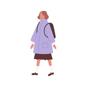 Girl wearing violet coat. Faceless female character walking with backpack. Schoolgirl in warm outwear. Flat vector cartoon isolated illustration isolated on white .