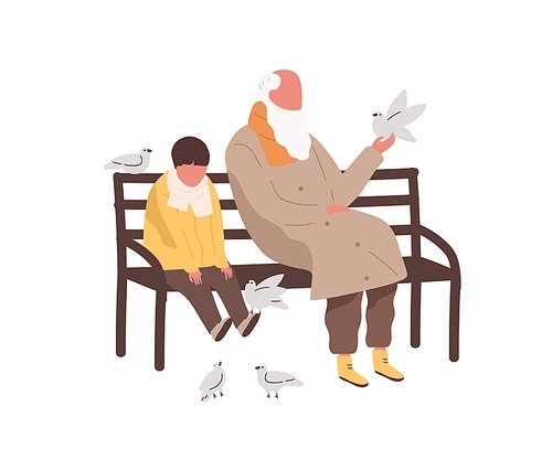 Little cute boy and old bearded male sitting on bench together vector flat illustration. Grandchild and grandfather playing with pigeons isolated. People relaxing outdoor at spring or autumn season.