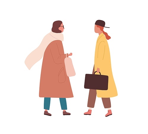 Friends meeting. Trendy women in stylish outwear talking together outdoors. Female characters in trendy clothes standing together. Flat vector cartoon illustration isolated on white .
