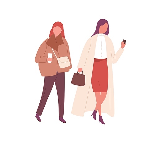 Female friends in stylish outwear walking together outdoors. Trendy young women hold phone and drink coffee. Flat vector cartoon illustration isolated on white