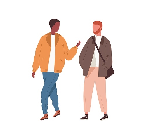 Two diverse guys talking and walking outdoor together vector flat illustration. Male friends in trendy outfit enjoying conversation isolated. People during communication at spring or autumn season.