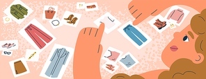 Female fashion stylist choose pictures with clothing or collect sets of clothes vector flat illustration. Woman making combination of basic apparel. Capsule wardrobe concept. Modern feminine outfit.