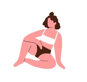 Hand drawn woman sitting in lingerie vector flat illustration. Doodle female relaxing in swimsuit isolated on white. Modern girl with beautiful body positive figure. Minimalistic person in bikini.