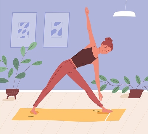 Woman doing yoga on mat at home vector flat illustration. Sportswoman practicing domestic workout. Female enjoying physical activity and healthy lifestyle. Active person during aerobics exercise.