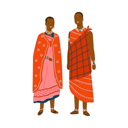 Couple in traditional maasai costume and accessories vector flat illustration. Man and woman in national ethnic clothing of african or kenyan people isolated. Characters in colorful folk apparel.