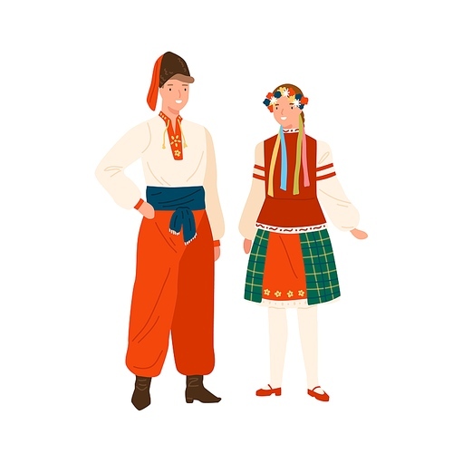smiling man and woman wearing national ukrainian costume vector flat illustration. woman in traditional flower wreath and dress. man in headdress, pants and ornamented shirt isolated on white.