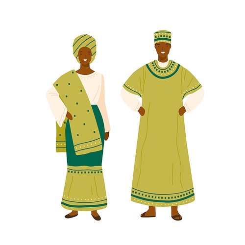 Nigerian couple in colorful traditional apparel vector flat illustration. Man and woman wearing national nigeria country costume isolated. People in folk outfit decorated with design elements.