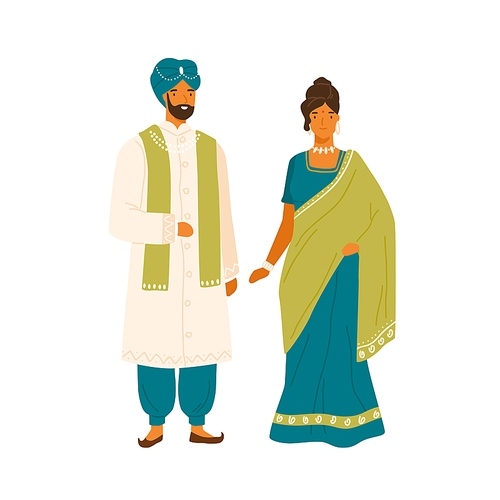 Couple in national india costume vector flat illustration. Man and woman in traditional indian dress, headdress and accessories isolated on white. People wearing folk apparel standing together.