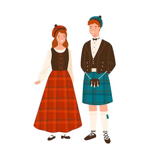 Couple in scotland national costumes vector flat illustration. Man in headdress and traditional kilt. Woman in tartan skirt or dress. People in colorful folk scottish outfit isolated on white.