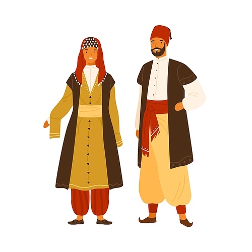 Turkish man and woman in national costume vector flat illustration. Traditional turkey couple in folk headdress and clothes decorated with design elements isolated on white. People in native garment.