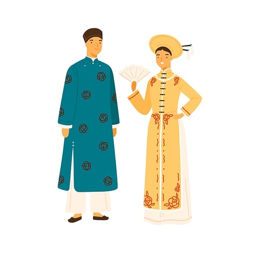 smiling vietnam couple in national costume vector flat illustration. asian people in traditional apparel decorated with design elements isolated. man and woman in headdress, ao dai and pants.