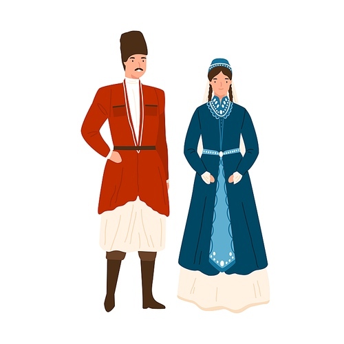 Caucasian couple in traditional apparel vector flat illustration. Georgian man and woman in national headdress and clothes isolated on white. People wearing folk garment decorated with design element.