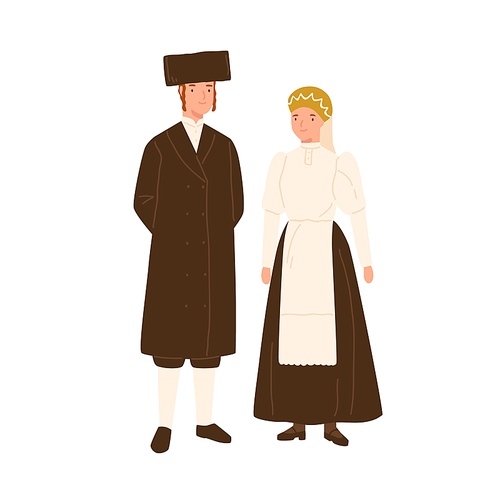 Smiling couple Israel citizen in national costume vector flat illustration. Man and woman jews in traditional apparel isolated on white. People wearing native headdress and clothes standing together.