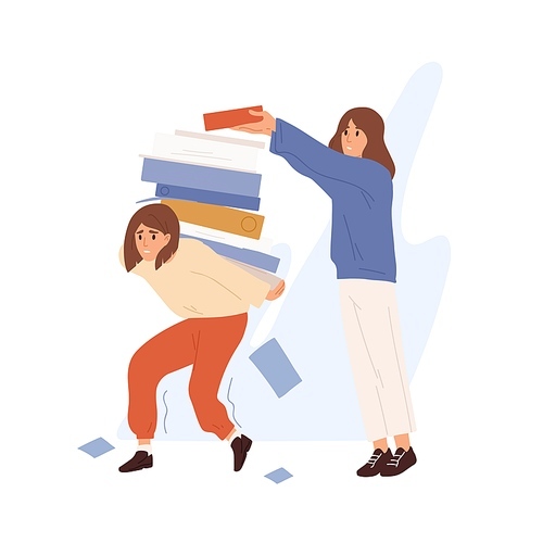 Concept of unfair load distribution, overhours and stressful situation. Colleague put piles of giant folders on overworked and tired office manager. Flat vector cartoon illustration isolated on white.