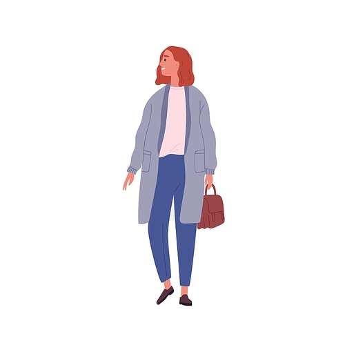 Smiling casual girl with briefcase walking vector flat illustration. Happy young modern businesswoman going isolated on white. Cute fashionable female during movement.