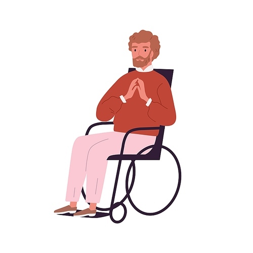 Portrait of invalid, disabled young man sitting in wheelchair. Handicapped character with limited mobility. Successful paraplegic person on white . Flat vector cartoon isolated illustration.