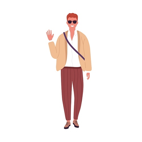 Stylish guy in sunglasses smiling waving hand vector flat illustration. Modern young businessman or student in trendy clothes isolated on white. Casual male standing in fashionable outfit.