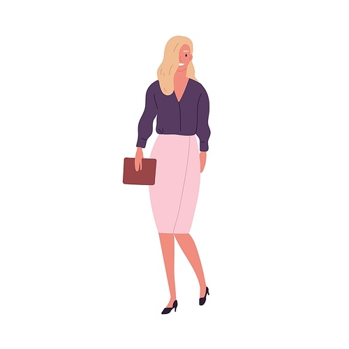 Stylish businesswoman holding clutch bag vector flat illustration. Happy female in trendy clothes standing isolated on white . Fashionable modern girl in official clothes.