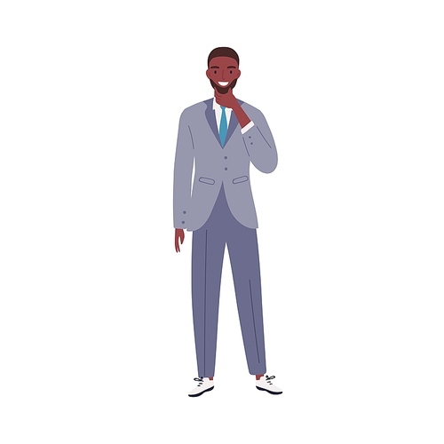 Stylish African American businessman thinking touching beard vector flat illustration. Happy fashionable guy in suit standing isolated on white . Smiling male in official outfit.