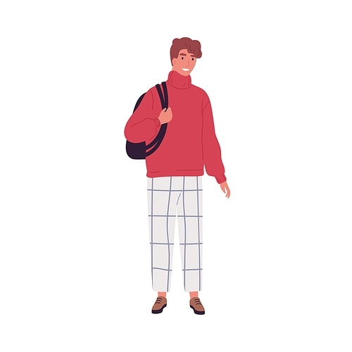 Modern casual guy holding backpack vector flat illustration. Stylish male in contemporary clothes standing isolated on white . Smiling man posing in trendy sweater and trousers.