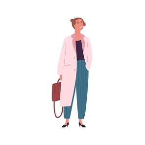 Modern girl in trendy outfit holding briefcase vector flat illustration. Smiling young businesswoman standing put hand in pocket of coat isolated on white. Thoughtful stylish female with handbag.