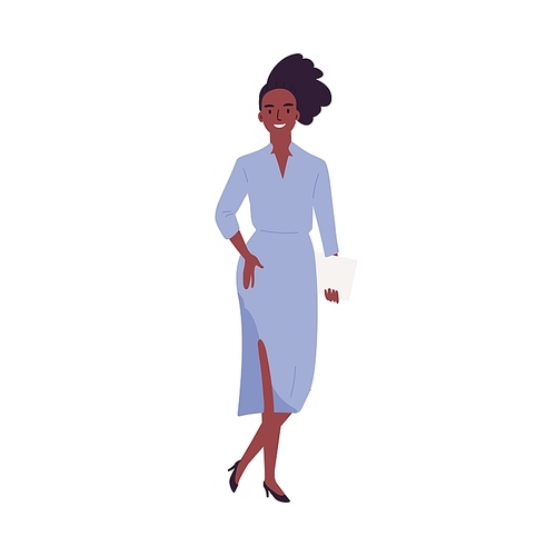 Trendy African American woman holding clutch bag vector flat illustration. Stylish young black skin businesswoman in elegant dress standing isolated on white. Smiling female in fashionable apparel.