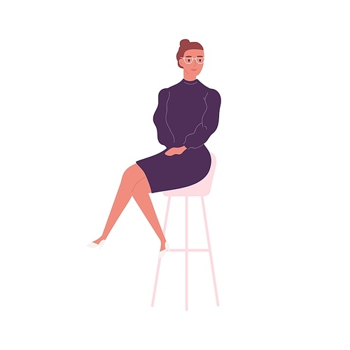 Stylish woman in elegant dress sitting on bar chair vector flat illustration. Trendy business female in glasses and feminine apparel isolated on white. Cute businesswoman or office worker.