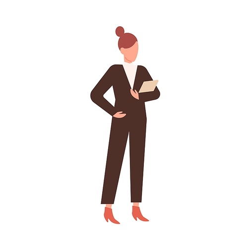 Faceless business woman silhouette in fashionable suit, costume holding folder papers. Office manager, worker secretary in stylish shoes. Flat vector cartoon illustration isolated on white .