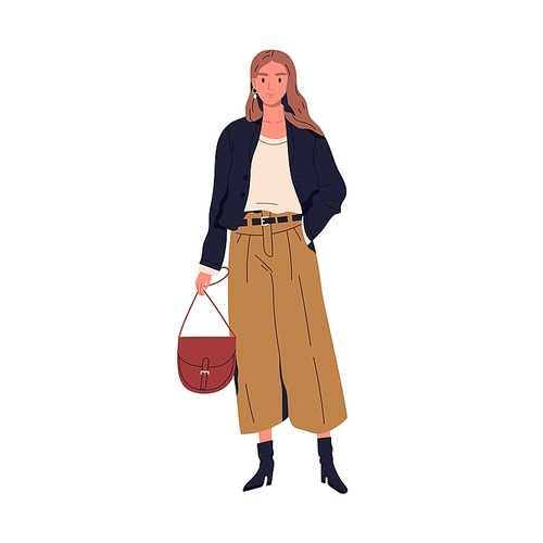 Fashionable young woman in trendy clothes vector flat illustration. Stylish person holding handbag standing isolated on white. Adorable female in modern apparel demonstrate street style or outfit.