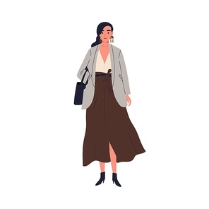 Stylish woman in modern outfit vector flat illustration. Elegant female in skirt and jacket standing holding handbag isolated on white. Adorable person in street style with trendy accessories.
